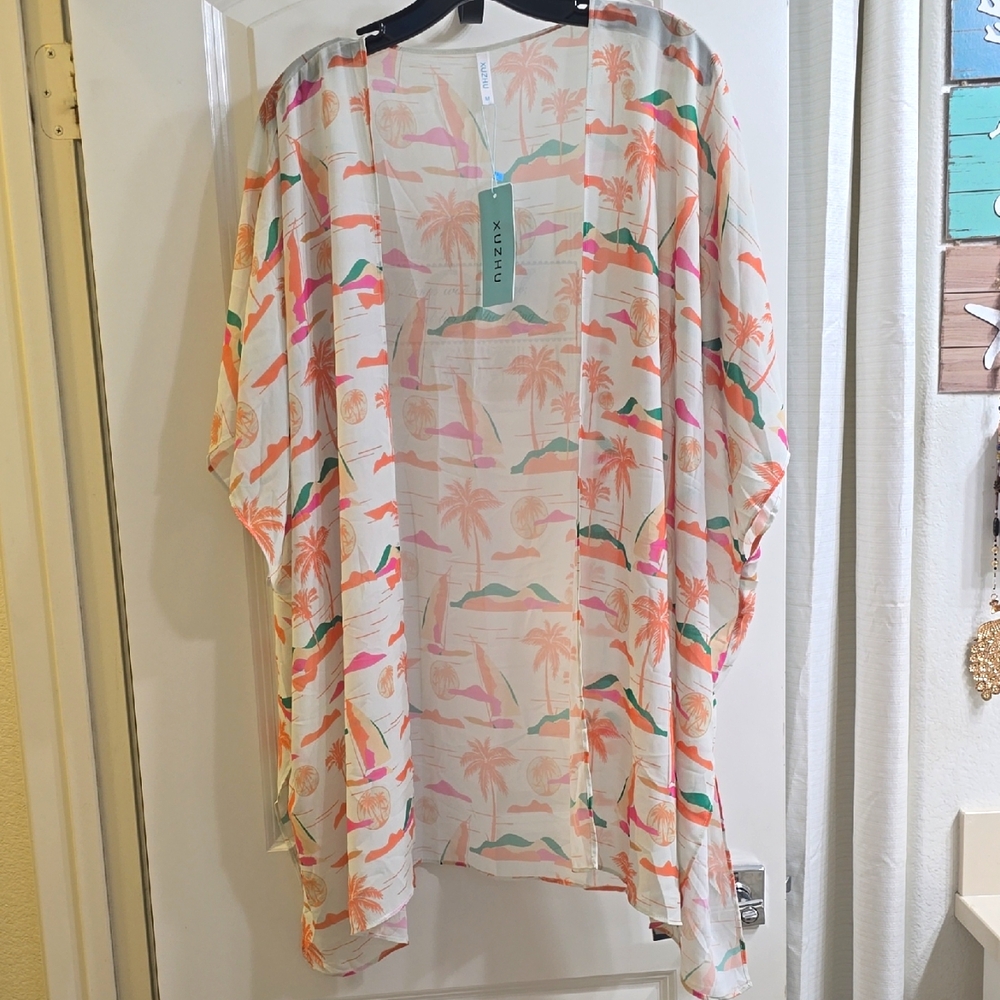 Colorful Sheer Kimono Cover Up.    Tropical Print